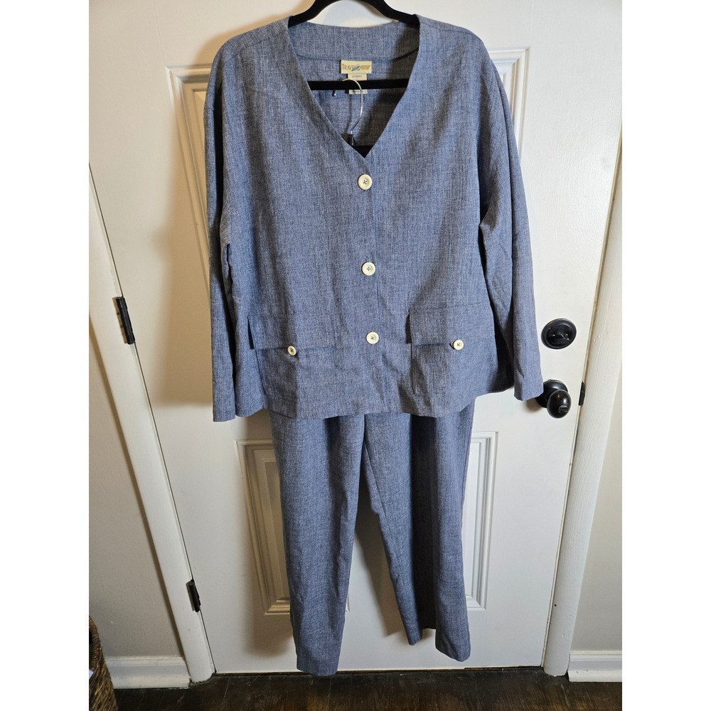 TravelSmith Womens Blue 2 Piece Pant Set Large Top Blouse Pants Linen Look USA